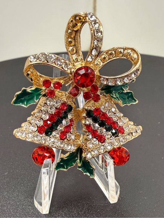 Jewelry - Festive Gold-Tone Red & Green Crystal Bell Brooch